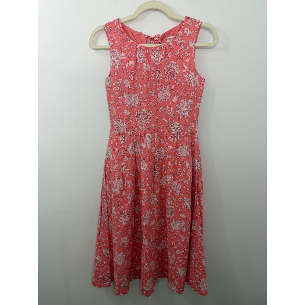 J.Crew Coral Pink White Floral Block Print Midi Dress Tie Back BY538 Size 00P